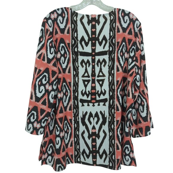 Chico's size‎ 2 / L brown coral geometric Tunic long sleeve tab sleeve V neck - Picture 4 of 16